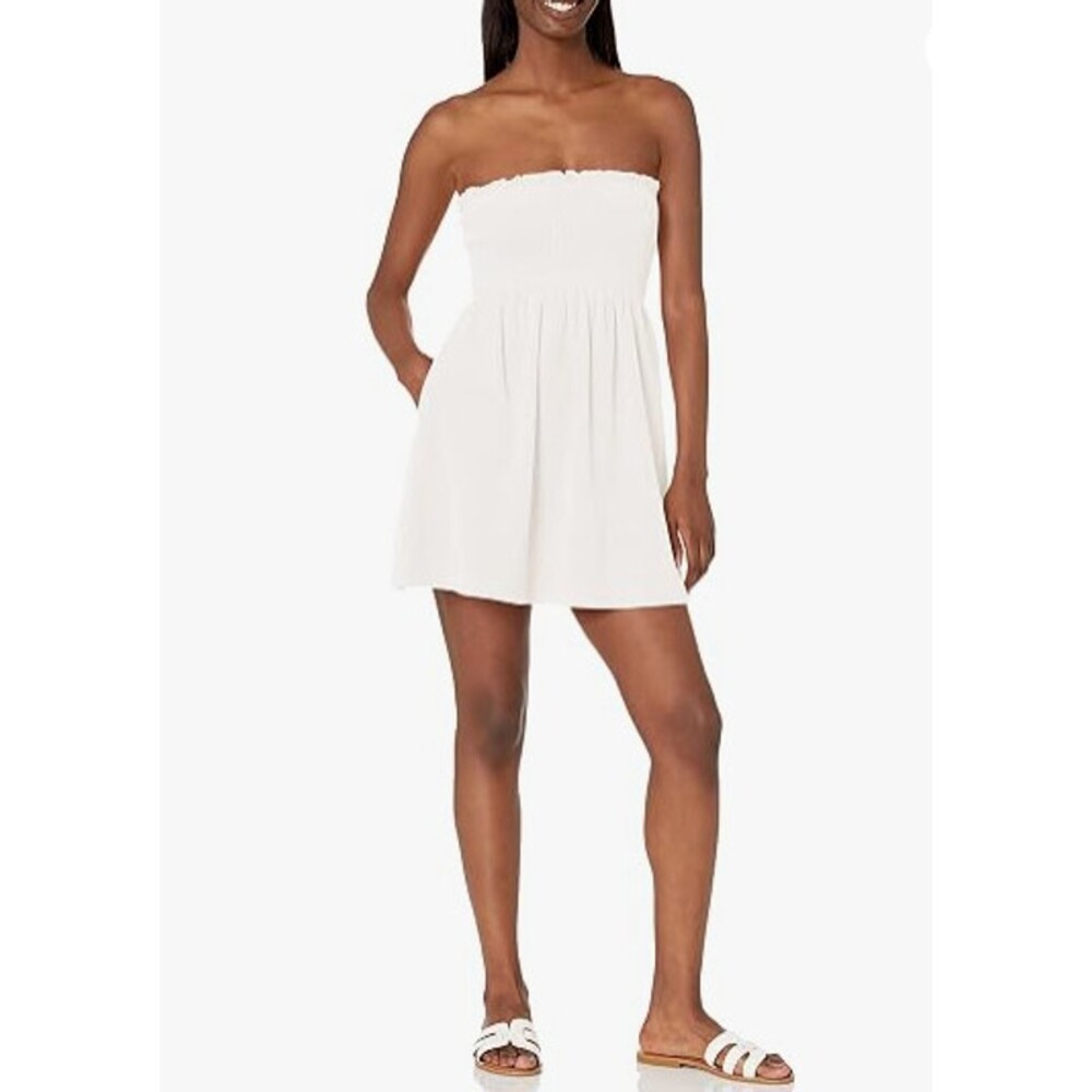 NIA Smocked Terry Mini Dress Women's S Strapless Pockets Beach Cover-Up Designer